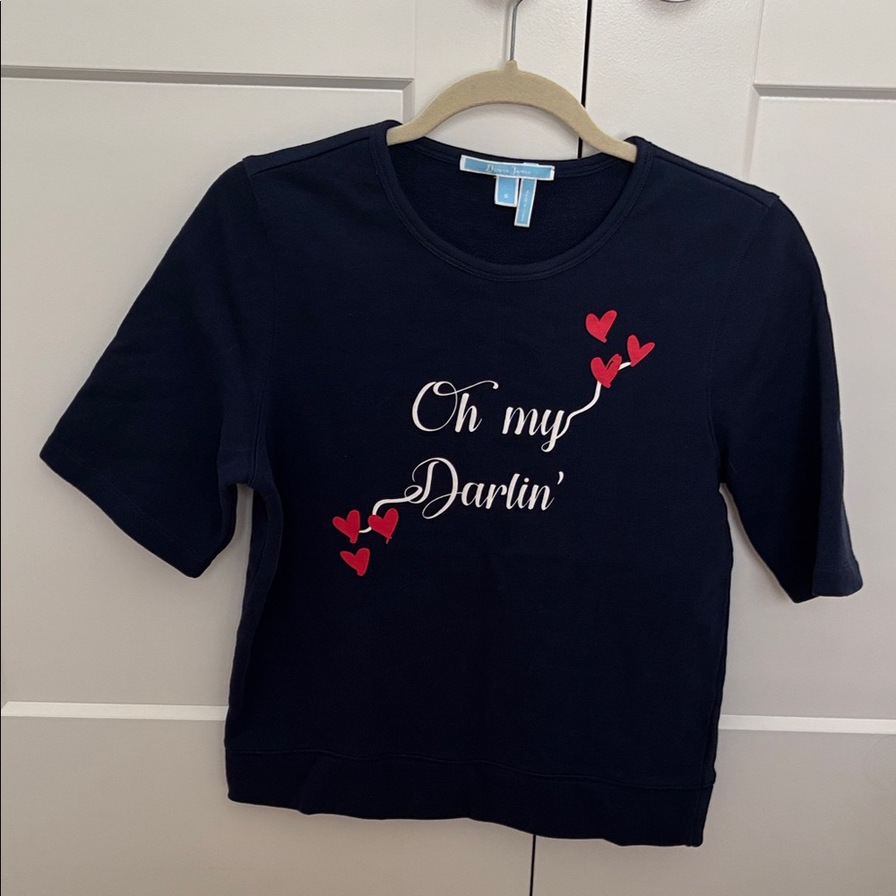 Draper James Navy Light Weight Short Sleeve Sweatshirt with Red Heart Design